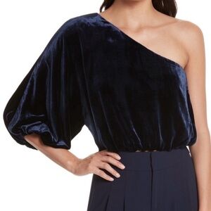 Alice + Olivia Craven Velvet Blouse Saphire Top One Sleeve One Shoulder